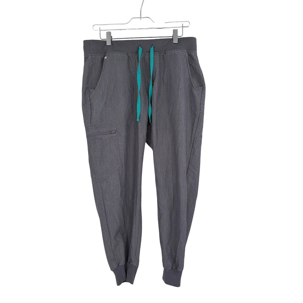 FIGS Technical Collection Heather Charcoal Grey‎ Jogger Pants Teal Drawstring LP - Picture 2 of 8